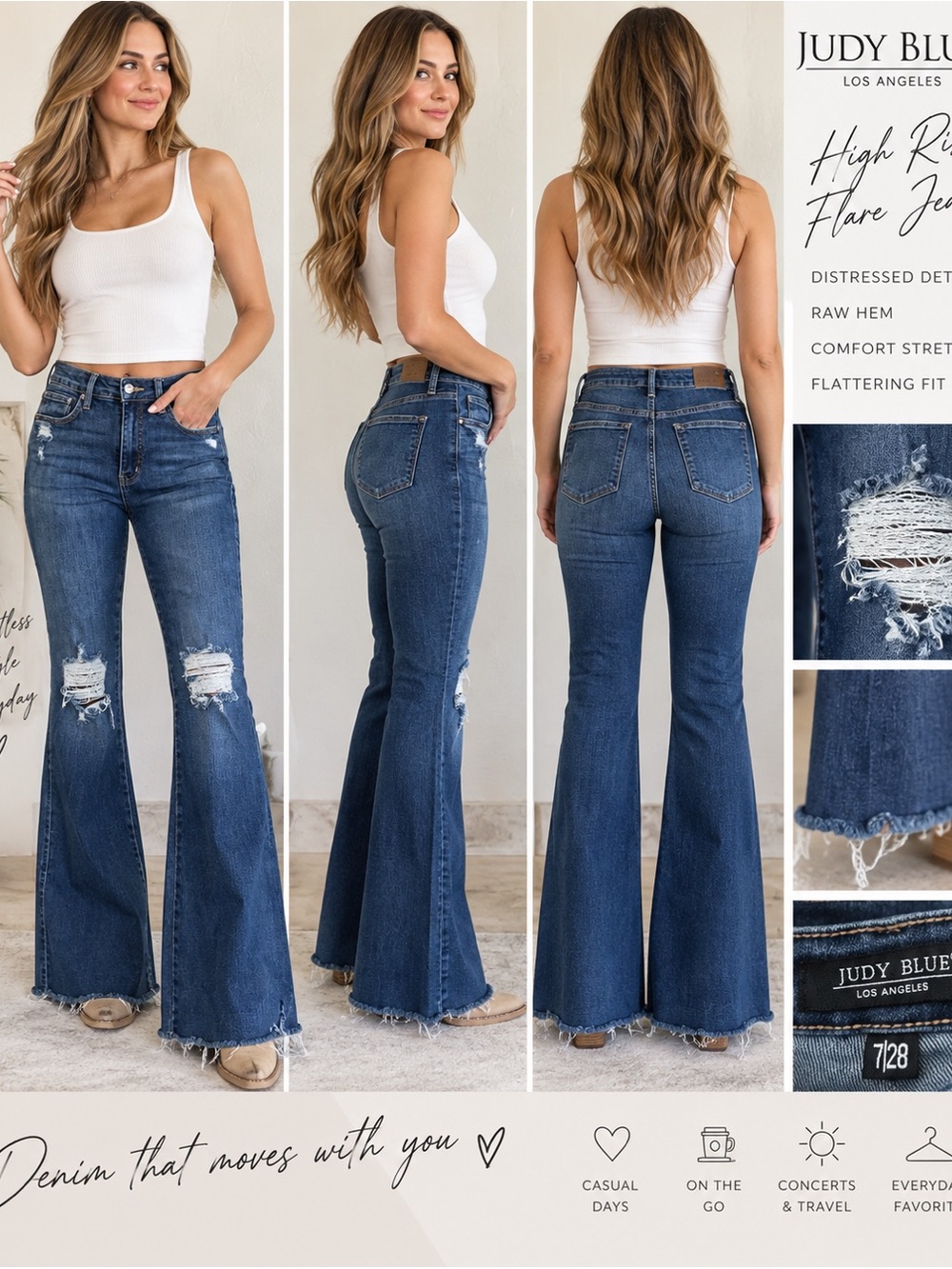 Judy Blue High Rise Distressed Flare Jeans Raw Hem 7/28